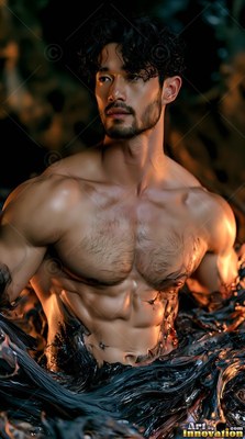 Rising from dark liquid, a shirtless muscular man looks aside in warm light