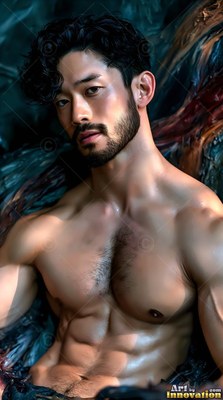 Shirtless man with a beard sits against dark blue rock