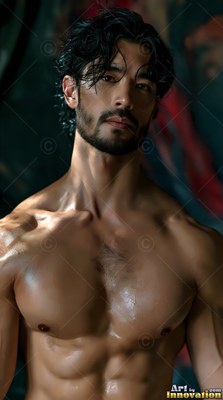A shirtless man with wet dark hair and a beard stands in soft shadows before a dark red wall