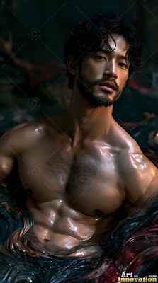 A shirtless bearded man rests in dark water with warm light shining across his wet skin