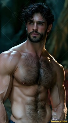 Turned to the side, a shirtless muscular man stands in dark green woods