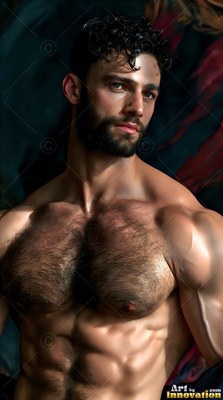 A muscular, bearded man with wet hair looks aside in soft light