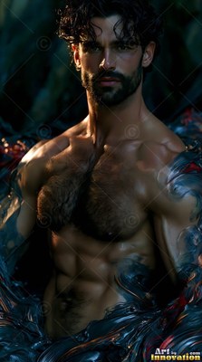 In dark water, a shirtless bearded man stands waist-deep in swirling blue waves