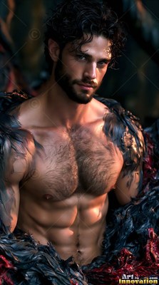 Gazing forward, a shirtless bearded man rests inside a nest of black feathers