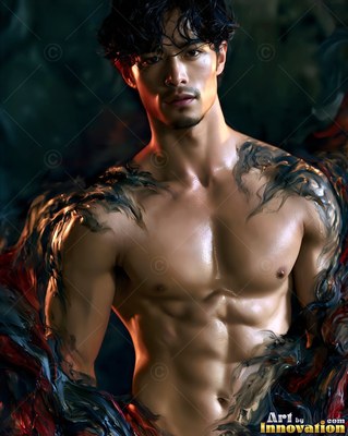 Shirtless man covered in dark paint under soft warm light