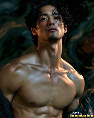 Wet dark hair clings to a shirtless muscular man standing before deep green shadows