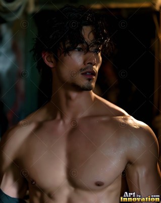 A shirtless man gazes away with wet hair under soft shadows and dim light