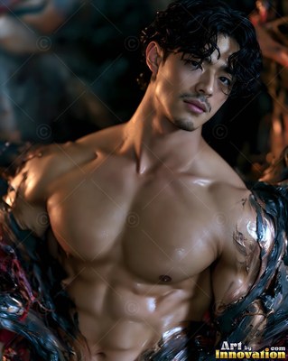 A muscular shirtless man turns in warm light against dark shadows