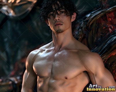 A shirtless man with wet dark hair looks forward in warm soft light