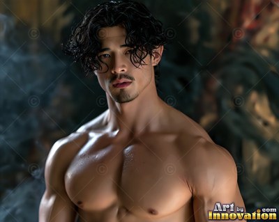 In a dark room with blue smoke, a shirtless muscular man gazes forward