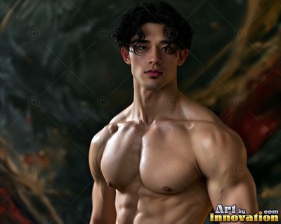 Looking forward, a shirtless muscular man stands against a dark smoky background