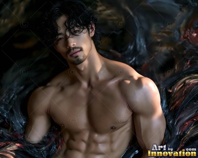 Muscular shirtless man with wet hair emerging from dark water