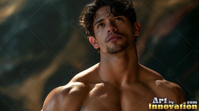 A shirtless muscular man with dark wavy hair looks up into warm light against a dark background