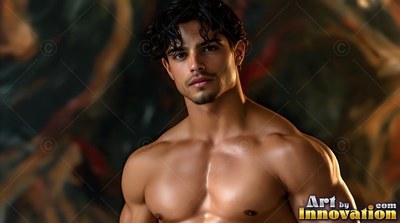 A shirtless man gazes forward with warm amber light shining on his muscular chest