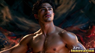 Turned to the side in a dark cave, a shirtless man stares up in warm light