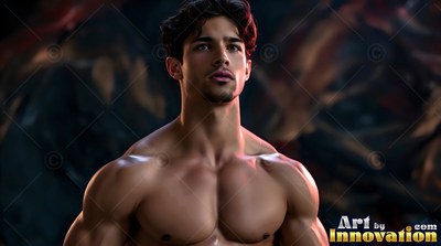 A muscular shirtless man looks upward in warm light against a dark background