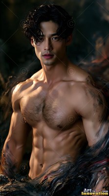 In a dark pool, a shirtless muscular man with black hair looks forward