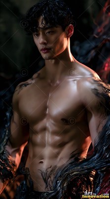 Standing shirtless in dark shadow, a muscular man is framed by black tendrils