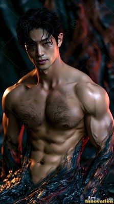 Chest hair on a muscular shirtless man sitting in dark water with faint red light behind him