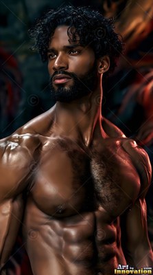 A shirtless man with dark curly hair and a beard looks away under warm bronze light