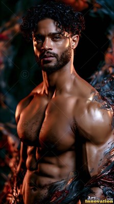 Facing forward, a shirtless muscular man stands in dark swirling water