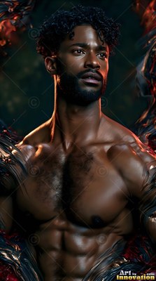 A muscular shirtless man peers up while framed by dark red smoke swirls