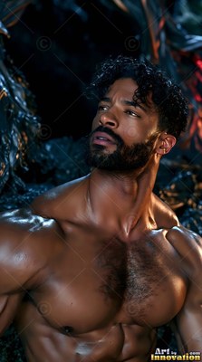 In a dark rocky space, a muscular bearded man peers upward in blue light