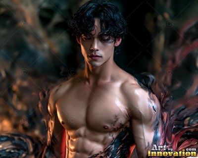 Standing shirtless in soft shadows, a muscular man is caught in swirling black smoke