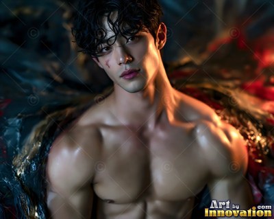 Shirtless man with wet hair sitting under warm light
