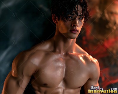 Wet dark curls fall over the forehead of a shirtless man against a dim background with red light