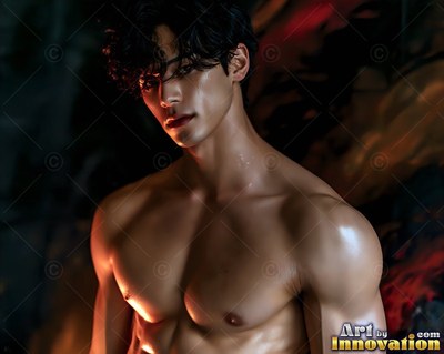 A shirtless man turns toward the front as warm orange light shines across his wet skin