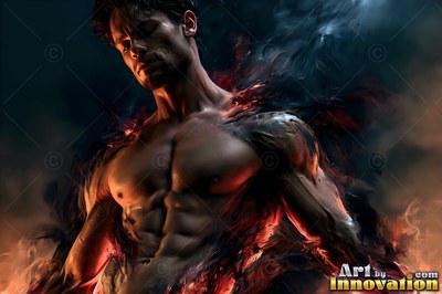 Looking down in a dark space, a man without a shirt stands in smoky red light
