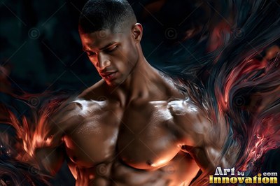A muscular shirtless man looks down with dark red smoke rising around his shoulders