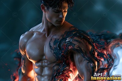In the shadows, a muscular man stands with black and red smoke around his arm