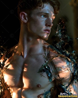 Shirtless man looking aside with dark liquid splashing on his chest