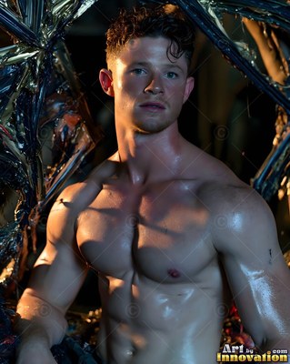 A muscular shirtless man stares forward as warm light touches his wet chest