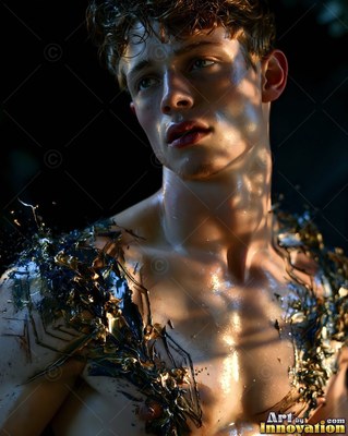 Turned in profile, a bare-chested young man stands in a dark room under warm light
