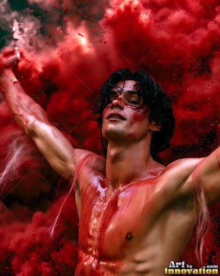 A shirtless man throws his arms wide open in a thick cloud of red smoke