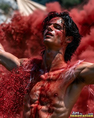 In a burst of red powder, a shirtless man throws back his head with open arms