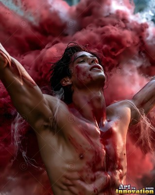Throwing his arms wide, a shirtless man gazes up covered in red smoke and red paint