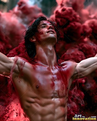Man with open arms covered in red powder cloud
