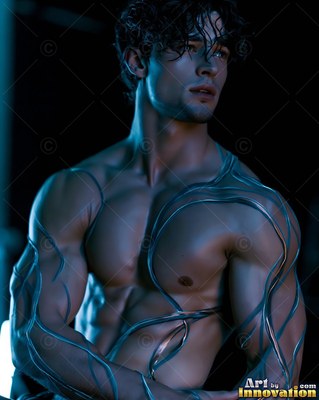 Wet dark curls fall over a shirtless man with silver vines on his chest in deep blue light