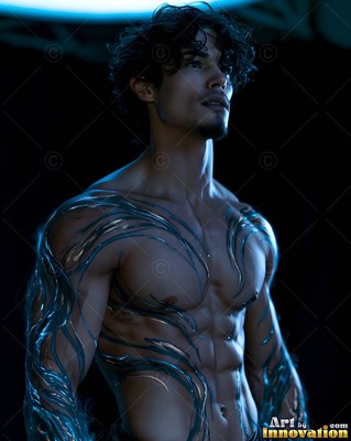 A man without a shirt stands looking up with blue metallic strands wrapped over his skin