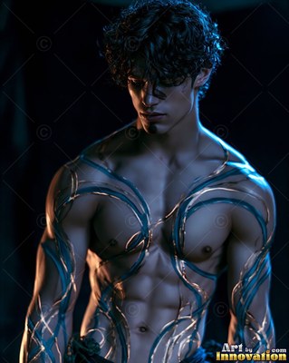 Looking down, a bare-chested man stands in the dark with blue body paint