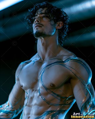 A shirtless man stands looking up under cool blue overhead lights