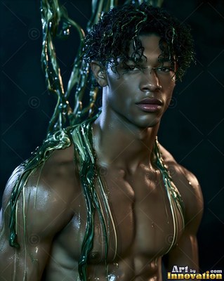 In dark shadows, a shirtless man standing covered in thick green liquid streams