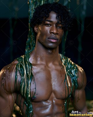Standing still, a shirtless Black man has dark green and gold paint on his shoulders