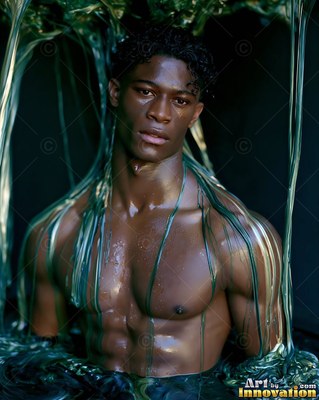 Man covered in thick green slime against a dark backdrop