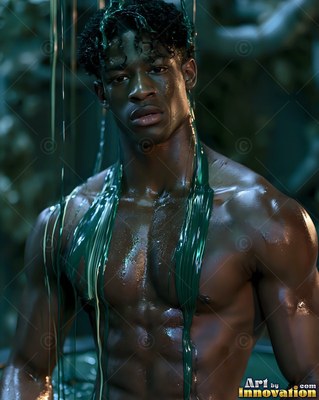 Wet curls fall over the forehead of a muscular man as dark green paint drips down his chest in dim light