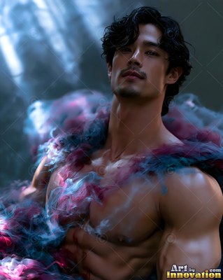 A bare-chested man stands as red and blue smoke swirls across his chest in soft light